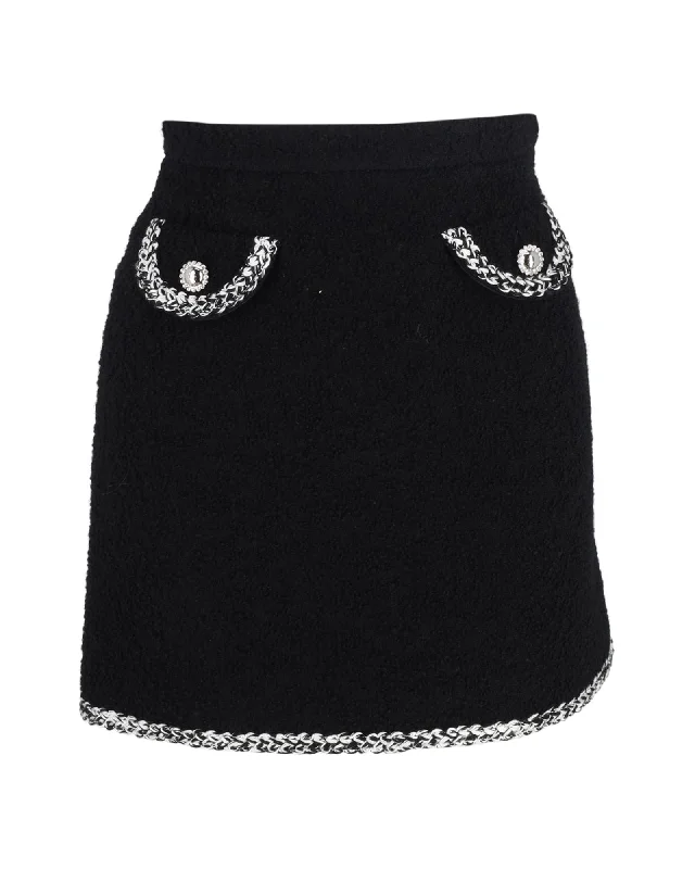 khaki utility skirts rugged -Alessandra Rich Embroidered Tweed High-Rise Mini Skirt in Black Wool