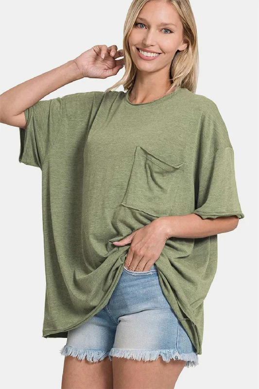 heather grey cargo skirts trendy -Drop Shoulder Oversized Front Pocket T-Shirt