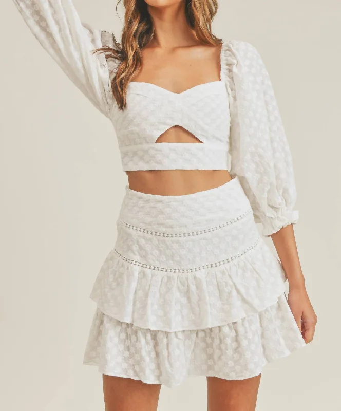 soft beige flared skirts feminine -Eyelet Crop Top And Mini Skirt Set In White