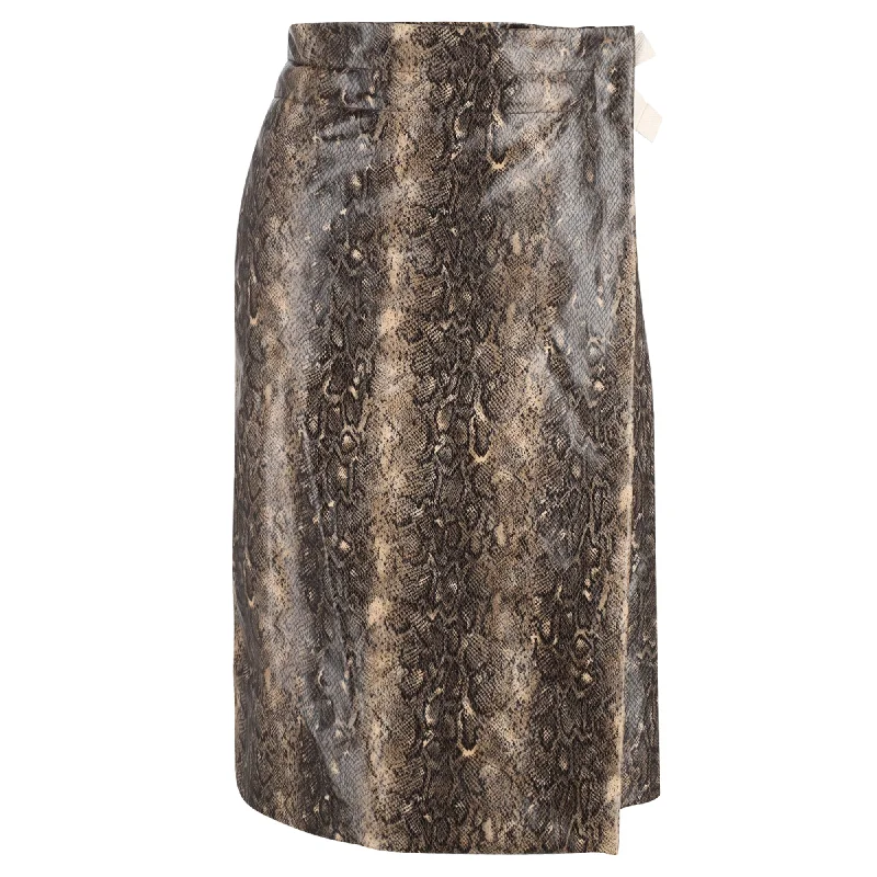 olive pleated skirts trendy -Ganni Snake-Print Self-Tie Woven Midi Skirt in Animal Print Recycled Polyester