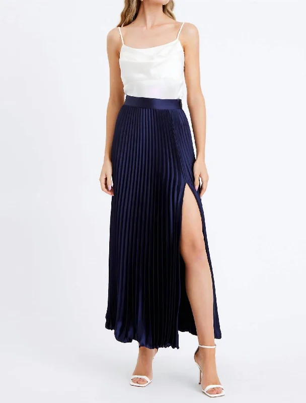 coral flared skirts stylish -Honor Pleated Maxi Skirt In Navy