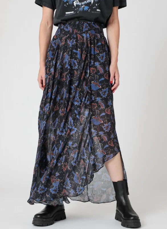 navy blue pencil skirts polished -Smocked Cut Long Skirt In Black/blue Floral