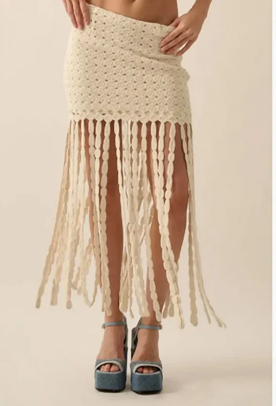 khaki utility skirts rugged -Solid Crochet Eyelet-Knit Fringe Maxi Skirt In Off White