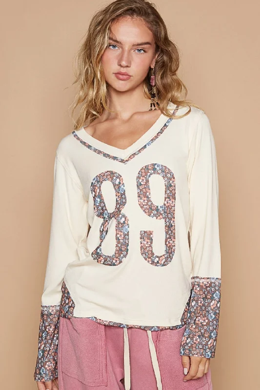 soft beige asymmetrical skirts modern -V-Neck Long Sleeve Floral Number Patch T-Shirt