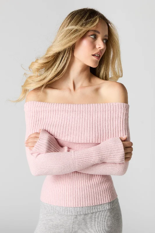 cardigan apricot glow -Ribbed Knit Off Shoulder Sweater