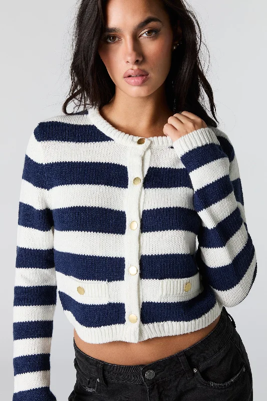 cardigan crisp weave -Striped Ribbed Knit Snap Button Cardigan