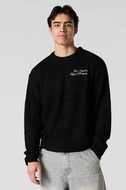 cardigan punk style -Los Angeles Embroidered Waffle Knit Sweater