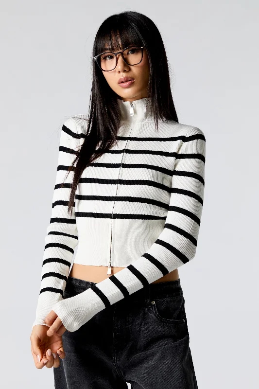 cardigan sharp casual -Striped Ribbed Knit Zip-Up Mock Neck Sweater