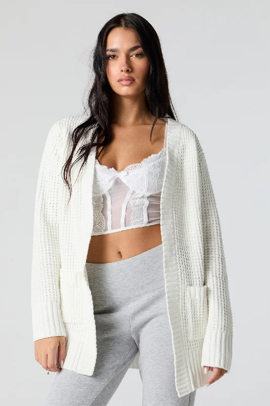 cardigan dual wear -Waffle Knit Long Sleeve Cardigan