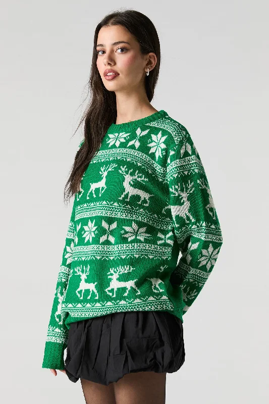 cardigan ageless look -Green Fairisle Jacquard Knit Christmas Sweater