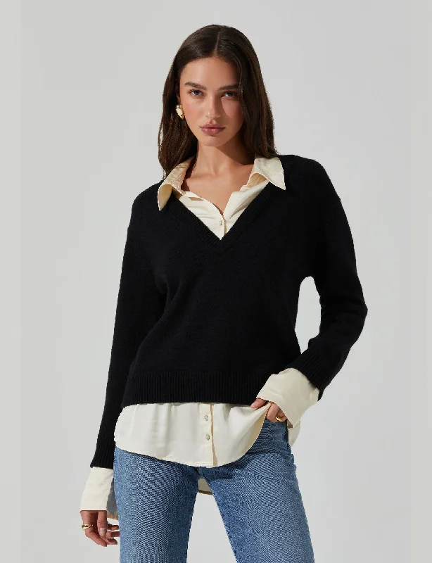 cardigan urban olive -Jianna Layered Sweater, Black/Cream