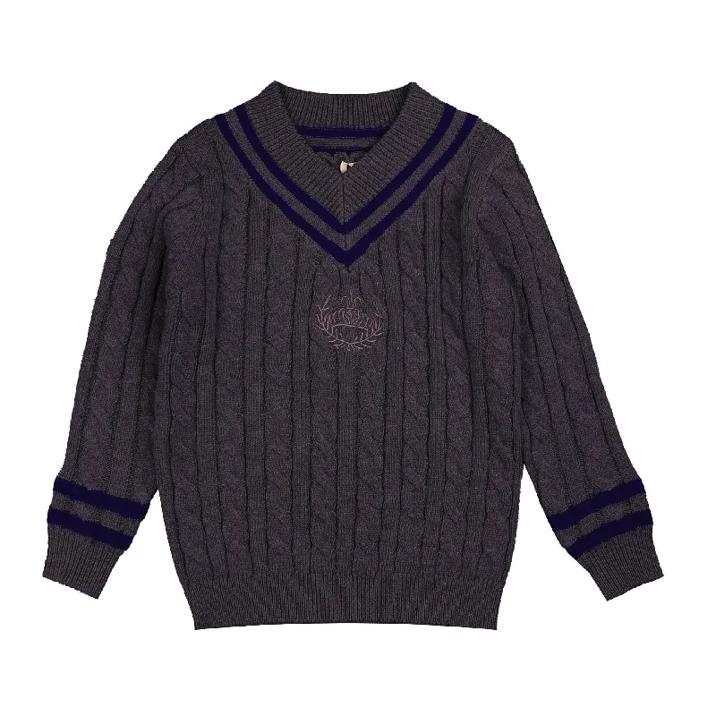 cardigan warm maroon -Belati Charcoal Cable V-Neck Emblem Knit (BKN380)