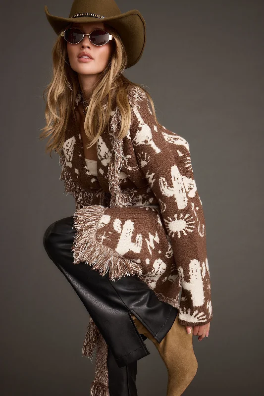 cardigan leaf embroidery -Big Sky Western Printed Fringe Cardigan