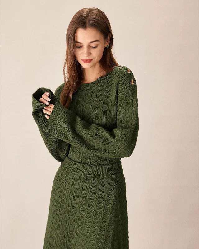 cardigan cuddly knit -Green Round Neck Loose Button Sweater