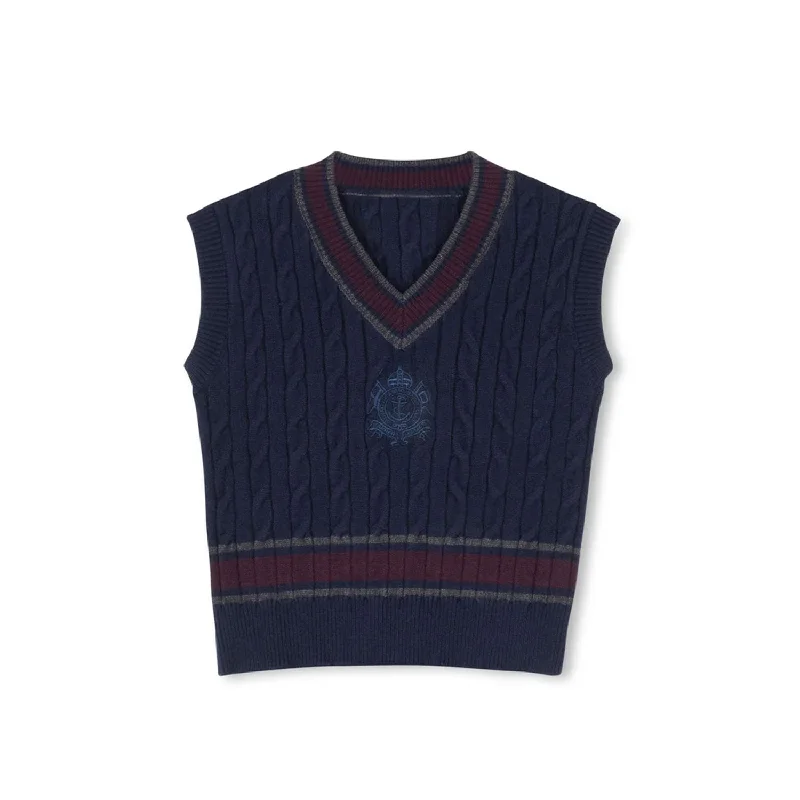 cardigan chill tonal -Harper James  Navy Cable Knit Striped Trimming Vest