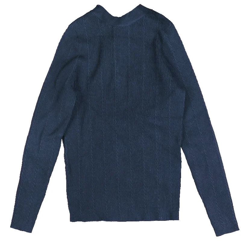 cardigan cool cotton -Hev Navy Mock Neck Knit With Back Buttons