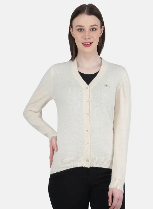 cardigan crisp weave -Women Cream Solid Cardigan