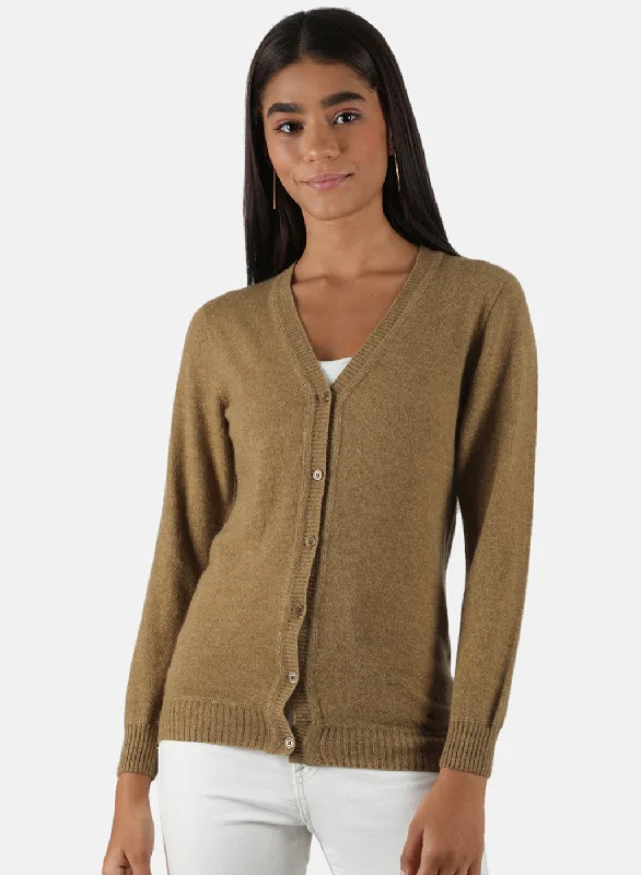 cardigan urban cotton -Women Khaki Solid Cardigan