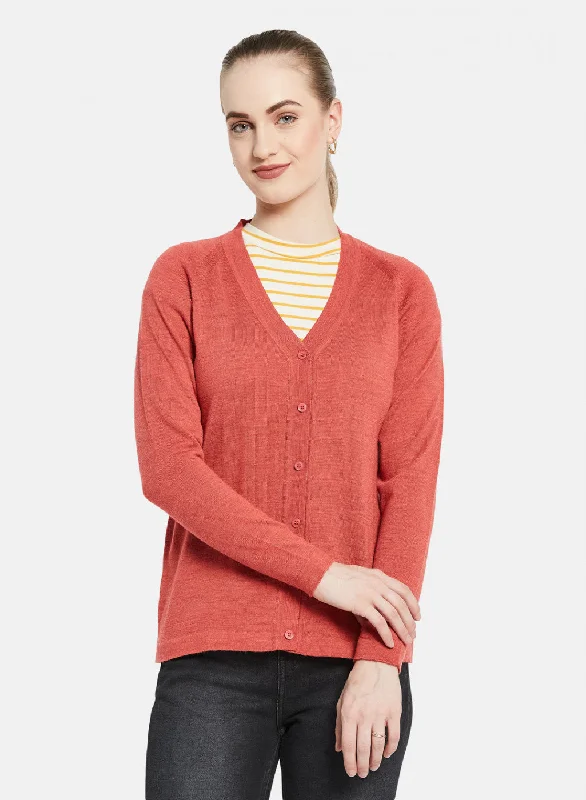 cardigan refined fabric -Women Light Red Solid Cardigan