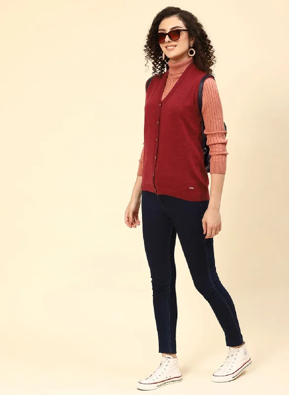 cardigan refined red -Women Maroon Solid Wool blend Cardigan