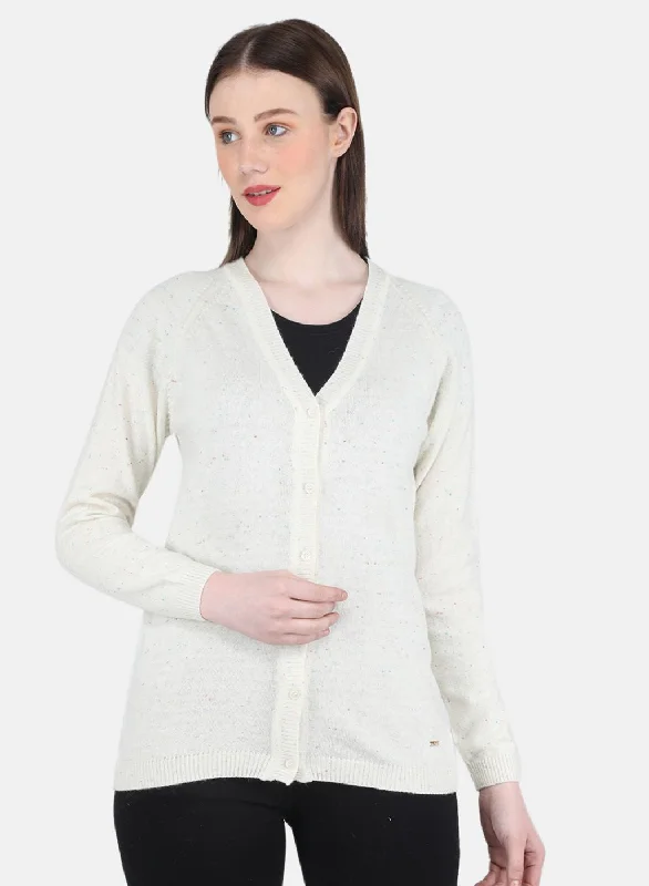 cardigan refined sweater -Women Off White Solid Cardigan