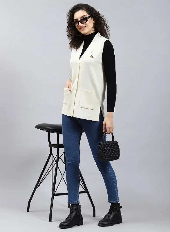 cardigan tonal white -Women Off White Solid Pure wool Cardigan