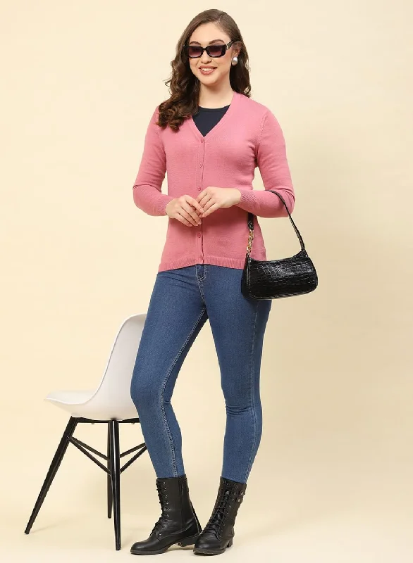 cardigan junior size -Women Pink Solid Modal Nylone Cardigan