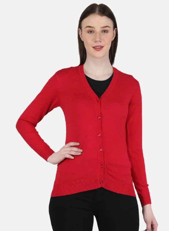 cardigan tonal sweater -Women Red Self Design Cardigan