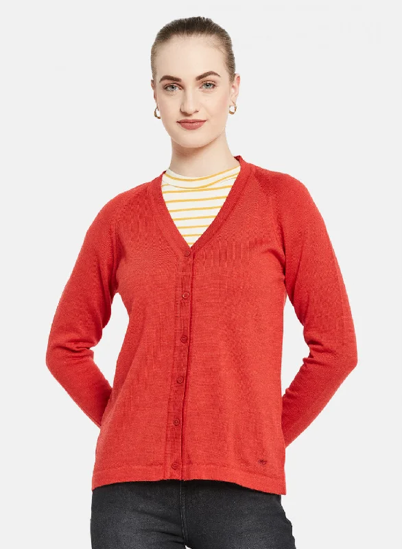 cardigan tonal design -Women Red Solid Cardigan