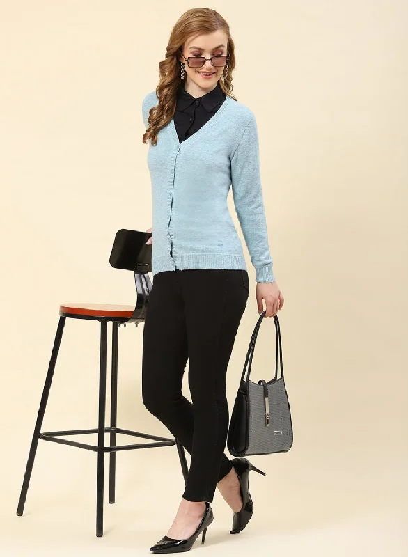 cardigan shale grey -Women Sky Blue Solid Lamb wool Cardigan