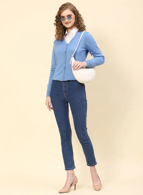 cardigan draped front -Women Sky Blue Solid Modal Nylone Cardigan