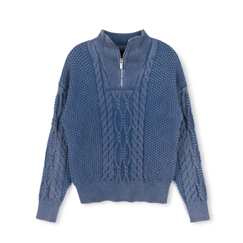 cardigan chill vivid -Vibe Blue Textured Knit Wash Half Zip Sweater