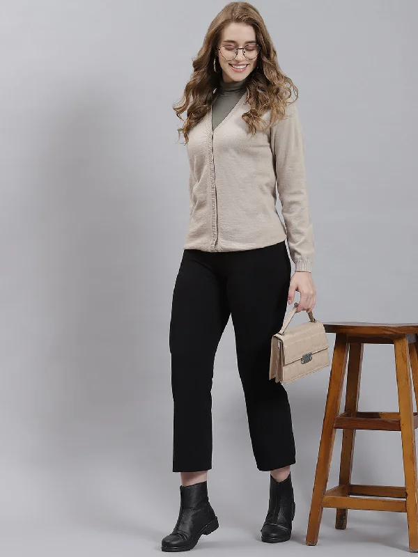 cardigan ankle length -Women Beige Solid Cardigan