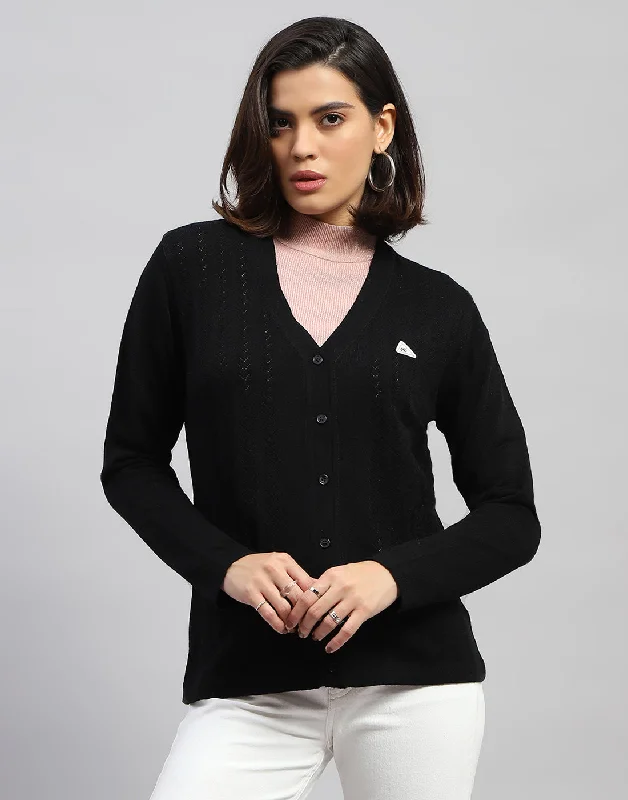 cardigan sharp tones -Women Black Self Design V Neck Full Sleeve Cardigan