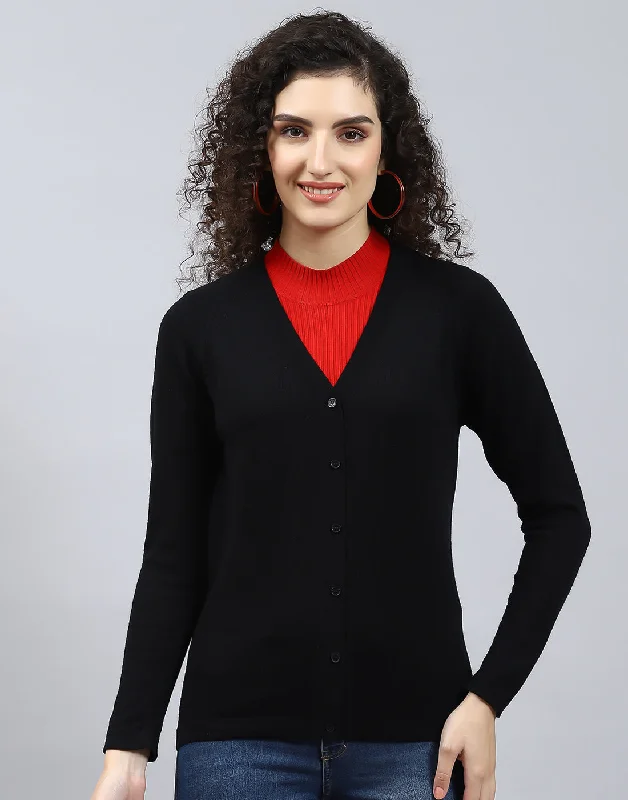 cardigan storm navy -Women Black Solid V Neck Full Sleeve Cardigan