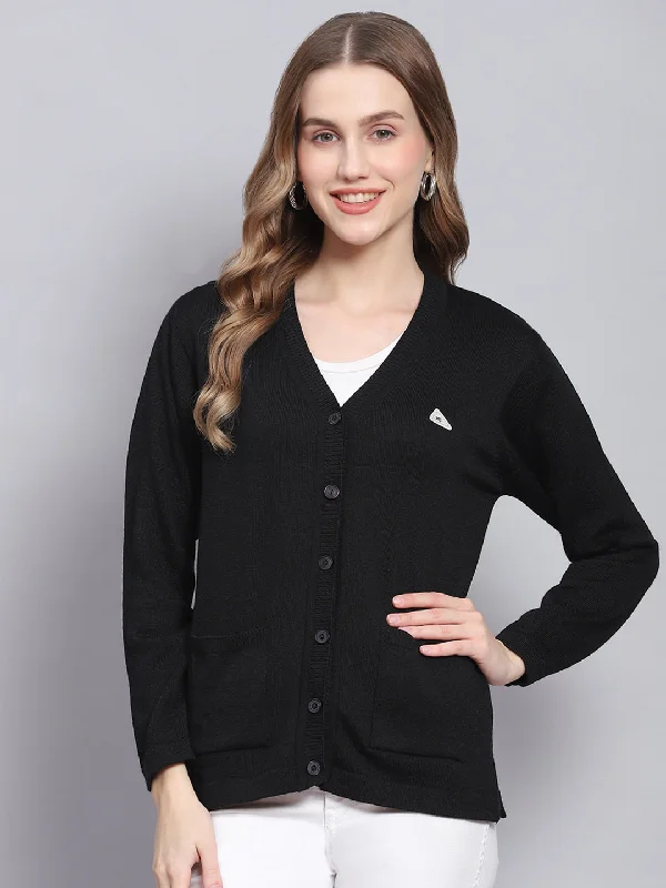 cardigan striking navy -Women Black Solid V Neck Full Sleeve Cardigans