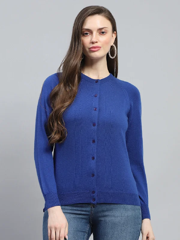 cardigan luxe mustard -Women Blue Solid Round Neck Full Sleeve Cardigan