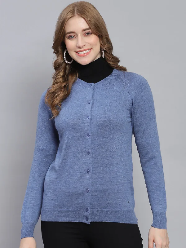 cardigan fine wool -Women Blue Solid Round Neck Full Sleeve Cardigans