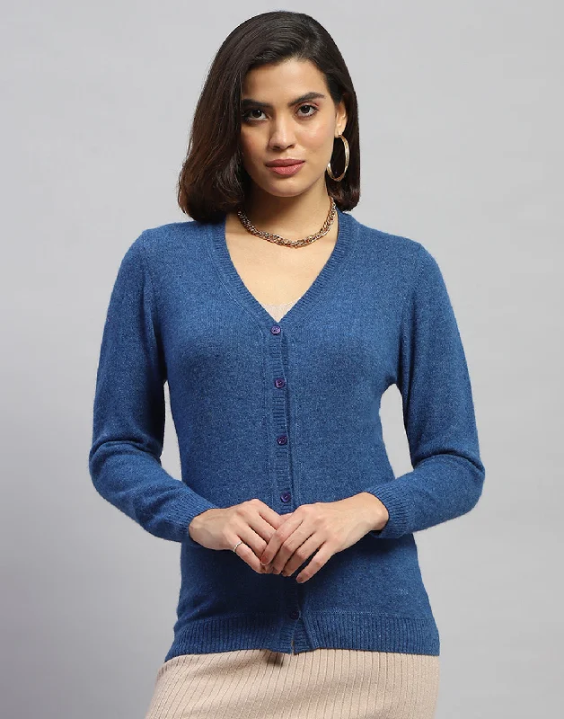 cardigan warm design -Women Blue Solid V Neck Full Sleeve Cardigan