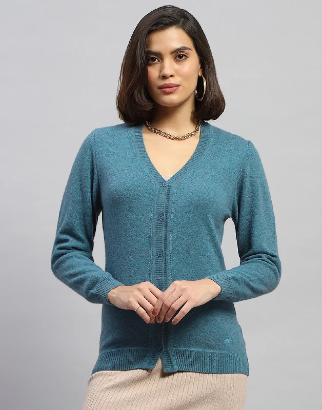 cardigan chill style -Women Blue Solid V Neck Full Sleeve Cardigan