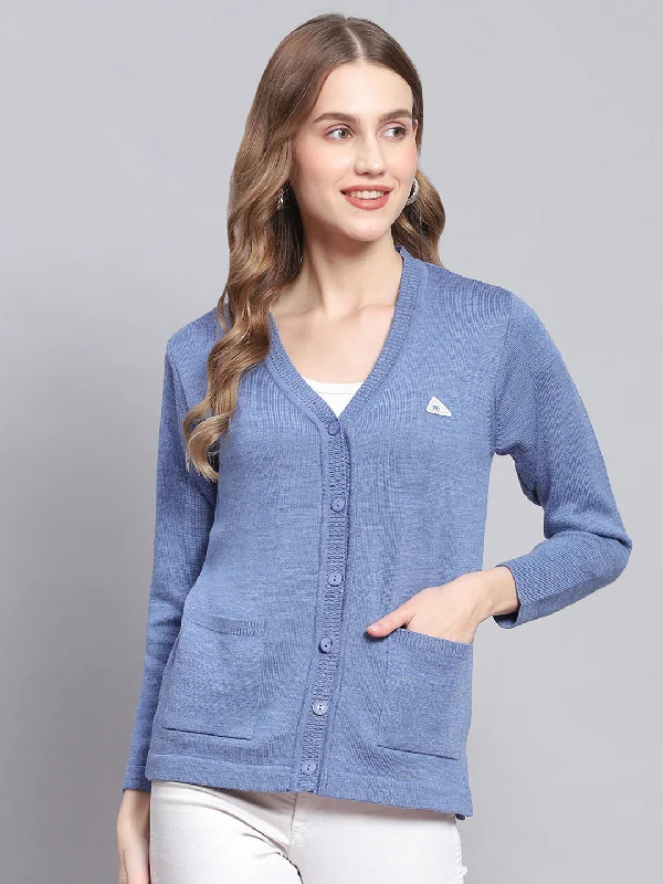 cardigan luxe navy -Women Blue Solid V Neck Full Sleeve Cardigans