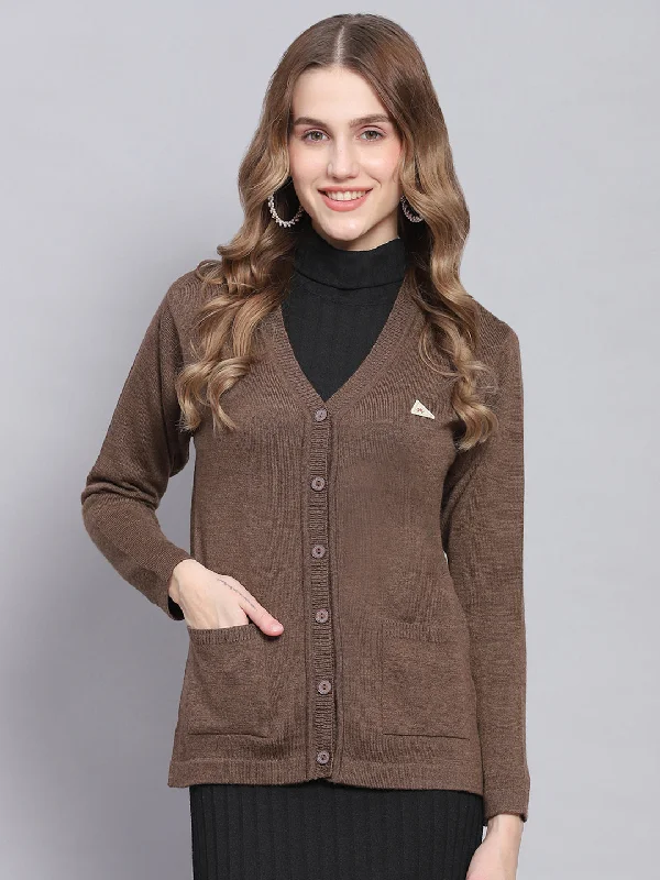 cardigan flowy brown -Women Brown Solid V Neck Full Sleeve Cardigans