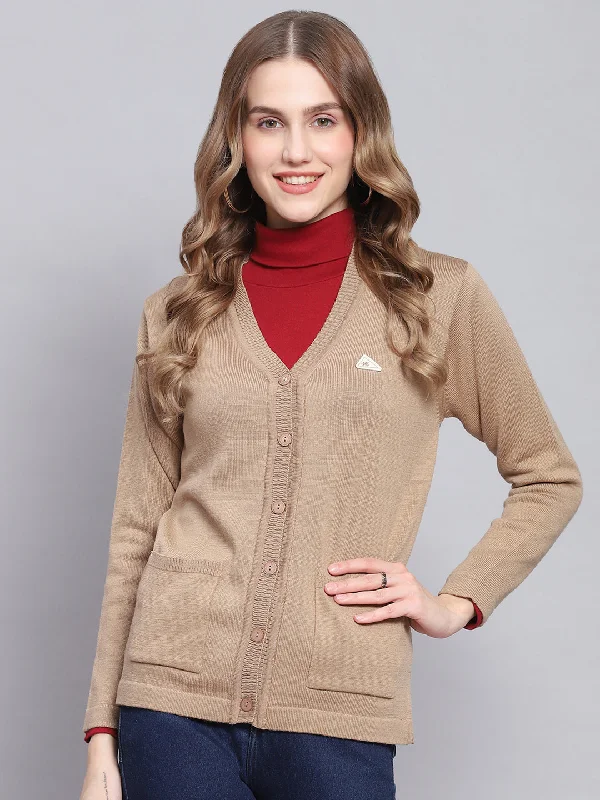 cardigan urban purple -Women Camel Brown Solid V Neck Full Sleeve Cardigans