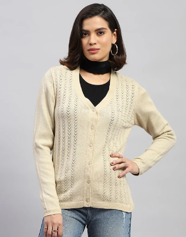 cardigan refined sweater -Women Cream Self Design V Neck Full Sleeve Cardigan