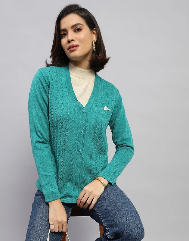 cardigan toasty sweater -Women Green Self Design V Neck Full Sleeve Cardigan