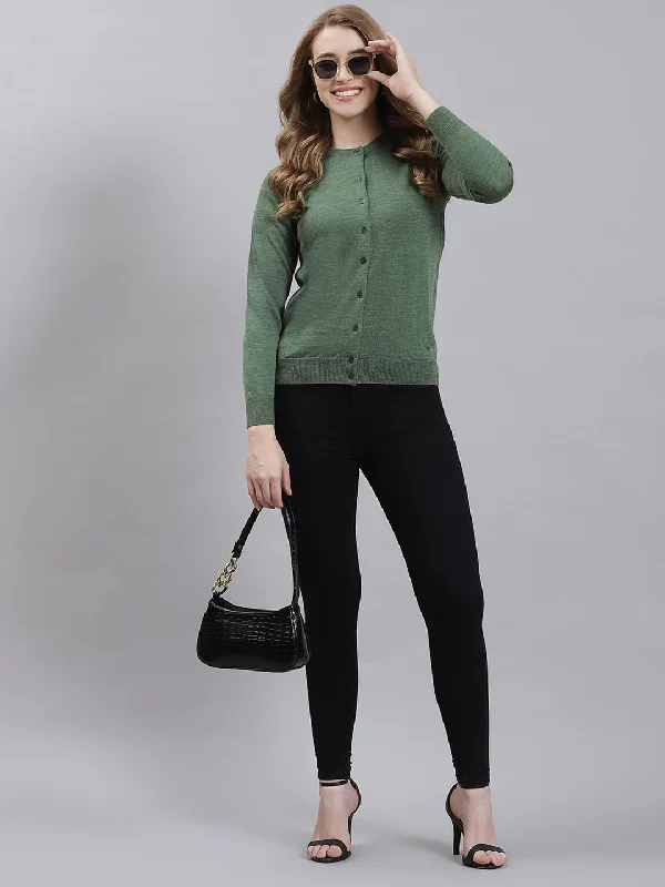 cardigan cozy stack -Women Green Solid Cardigan