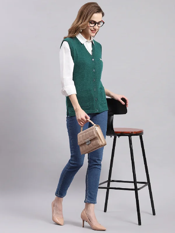 cardigan tonal grey -Women Green Solid V Neck Sleeveless Cardigans