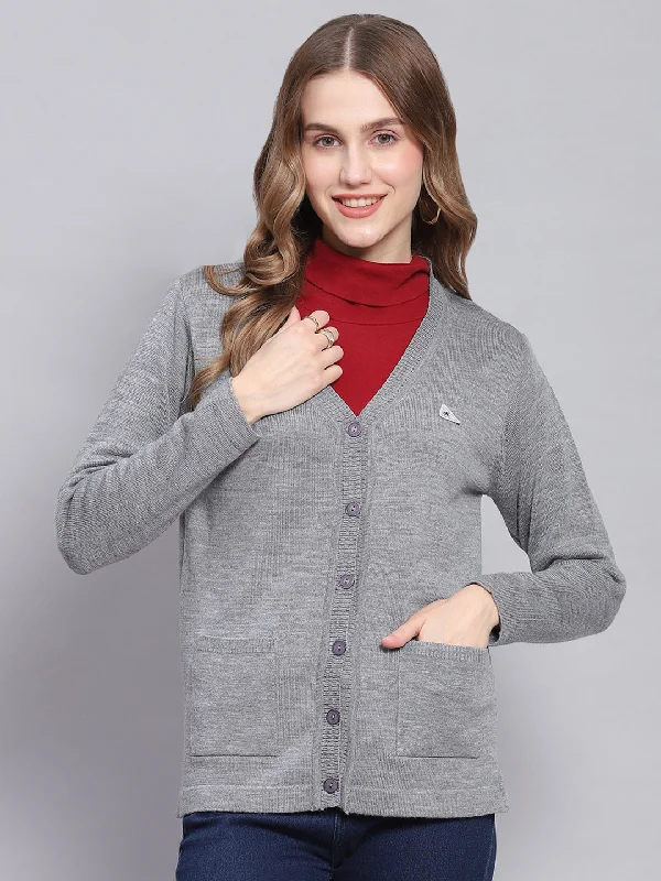 cardigan chill vivid -Women Grey Melange Solid V Neck Full Sleeve Cardigans