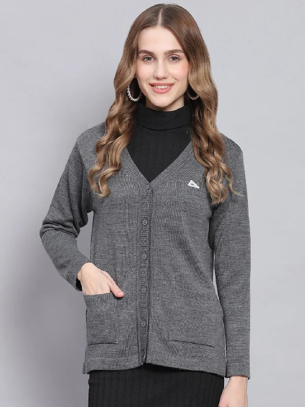 cardigan chill green -Women Grey Melange Solid V Neck Full Sleeve Cardigans