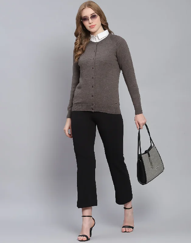 cardigan moss green -Women Grey Solid Round Neck Full Sleeve Cardigan